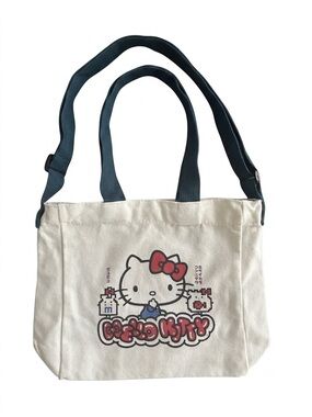 Hello Kitty Canvas Tote Crossbody Bag Pixel Graphic Cream Teal NWOT